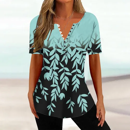 Miniatura 65 de Summer Shirts for Women 2025 Plus Size Short Sleeve Henley Tops Marble Floral Loose Tshirt Tee Casual Dressy Tunics
