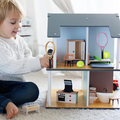 Miniatura 8 de Kisangel 2 juegos de mini raquetas de tenis y bolas, kit deportivo de casa de muñecas en miniatura a escala 1:12, decoraciones realistas