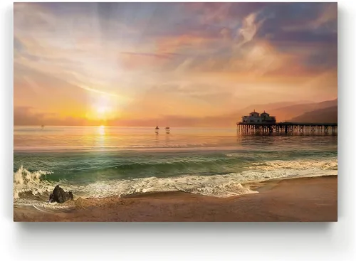 Miniatura 5 de Renditions Gallery - Impresiones de arte natural en lienzo, puesta de sol vespertina en playa de arena tranquila, obra de arte para colgar