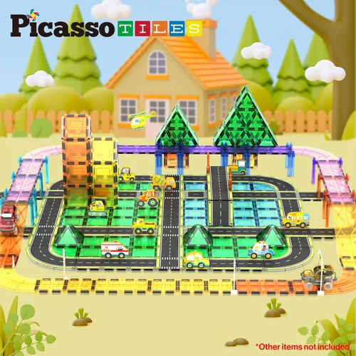 Miniatura 2 de PicassoTiles Azulejos Magnéticos de Construcción Pista de Autos Vehículo Magnético Tema de Aventura Calle Impresa Carretera Pista Autopista Bloque