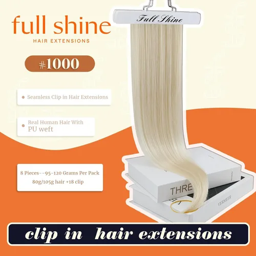 Miniatura 2 de Full Shine - Extensiones de cabello humano Remy real con clip para mujer, sin costuras, trama de poliuretano, cabello rubio blanco, lacio y sedoso