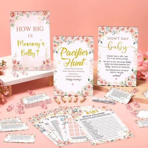 Miniatura 2 de Sherr 476 juegos florales de baby shower, 6 juegos de actividades, tarjeta floral, juego de caza de chupetes, 50 chupetes, qué tan grande es mamá