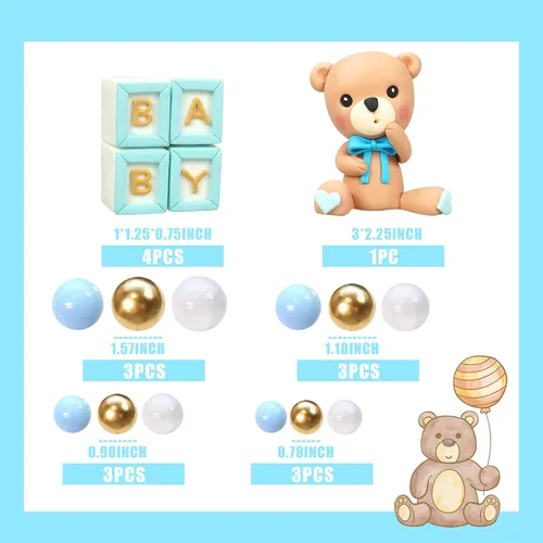 Miniatura 2 de Decoración para tartas de oso, decoración de pastel de oso con letras azules, esferas doradas y azules y blancas de perlas para suministros