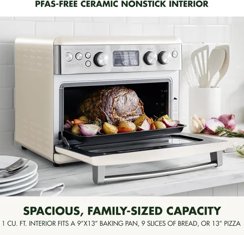 Miniatura 2 de GreenPan Horno de convección Elite 13 en 1 y freidora de aire, bandeja de cerámica sin PFAS y bandeja para pizza, estantes ajustables, ajustes Crema