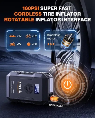 Miniatura 5 de Arrancador de batería de coche con compresor de aire de 160 PSI, 5000 A 60 W, batería de arranque portátil (todo a gas/10L diesel), caja de arranque