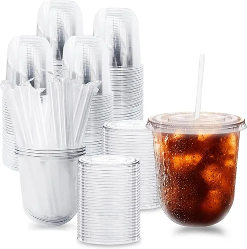 Miniatura 8 de Alaeseje Paquete de 50 vasos de plástico transparente con tapas y popotes, tazas desechables de 12 onzas para café helado, tazas de cristal