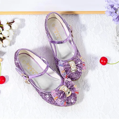 Miniatura 6 de Zapatos de princesa para niños y niñas, con lentejuelas y diamantes de imitación, zapatos de baile de cristal para niños (morado, 5 años)
