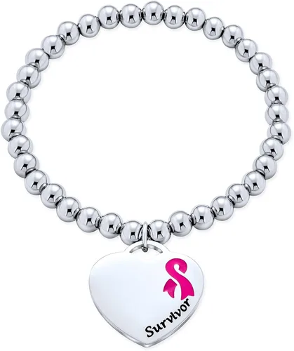 Miniatura 2 de Personalize - Pulsera elástica con forma de corazón para sobrevivientes de cáncer con cinta rosa grabable para mujeres, Esmalte Metal, otro