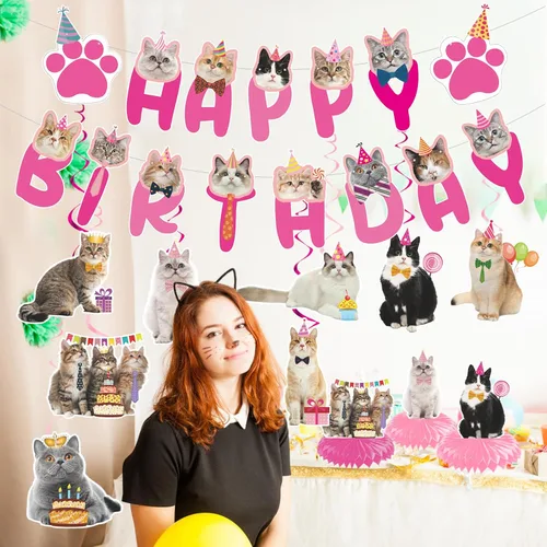Miniatura 5 de Remolinos colgantes para fiesta de cumpleaños de gatos - NOVBAUB 20 unidades, encantadores suministros de fiesta de cumpleaños de gato rosa, centros