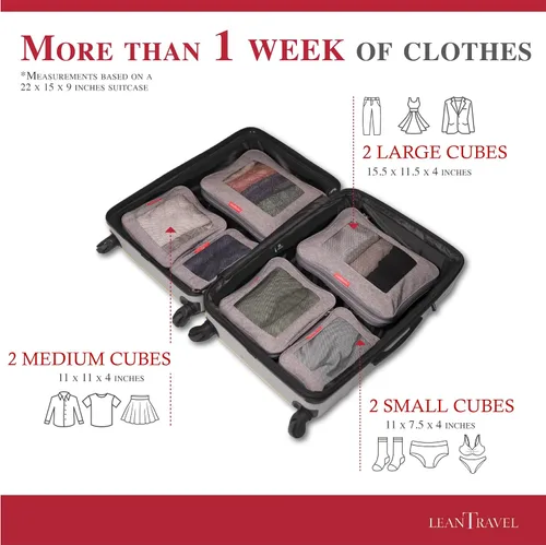 Miniatura 3 de LeanTravel Juego de 6 cubos de compresión para viajes, color gris, doble cremallera