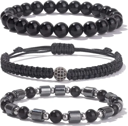 Lynnaneo Juego de pulseras de cuentas para hombre de 0.315 in y 0.157 in de piedras preciosas curativas trenzadas con dije de circonita cúbica,