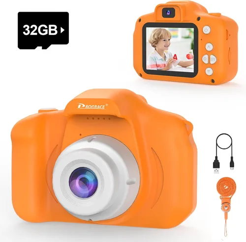 PROGRACE Cámara de regalo para niños con tarjeta SD de 32G para niños y niñas de 3 a 12, 1080P HD, mini cámara digital Vlogging, cámara de video,