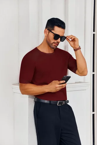 Miniatura 2 de Runcati Camiseta casual para hombre, elástica, de manga corta, de punto, ajustada, cuello redondo, suéter básico