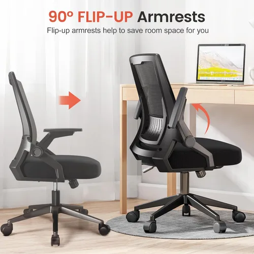 Miniatura 6 de COMHOMA Silla de oficina con reposabrazos abatibles, silla de escritorio ergonómica para computadora con soporte lumbar adaptable y malla Negro