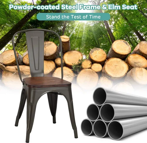 Miniatura 6 de HAPPYGRILL Juego de 4 sillas de comedor, sillas de cocina de metal para interiores y exteriores con asiento de madera y respaldo alto, sillas
