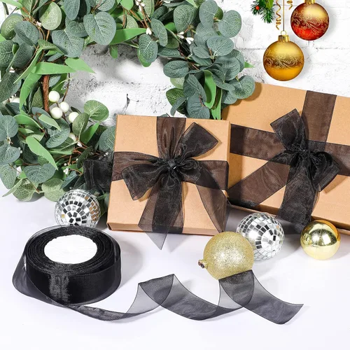 Miniatura 7 de Outus Cinta de organza transparente para envoltura de regalos, cinta de malla de tul de gasa, cinta transparente para decoración del árbol de Negro