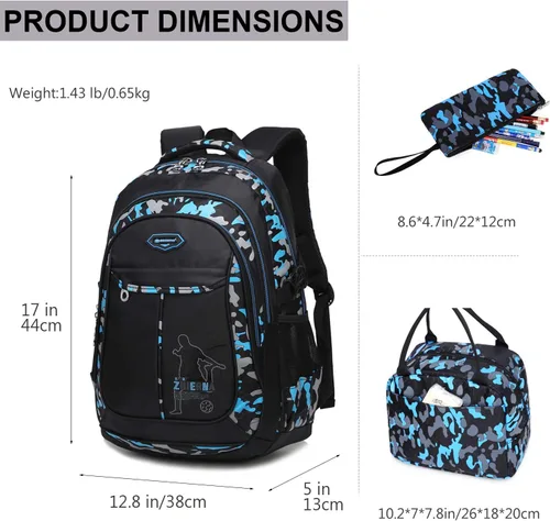 Miniatura 3 de Goldwheat Mochila para adolescentes y niños, juego de bolsas escolares de 3 piezas, Azul Patchwork, L, Mochila escolar