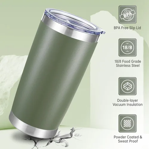 Miniatura 3 de Vaso de acero inoxidable de 20 onzas con tapa, doble pared aislada al vacío, taza de café de 20 onzas con recubrimiento en polvo para bebidas Verde