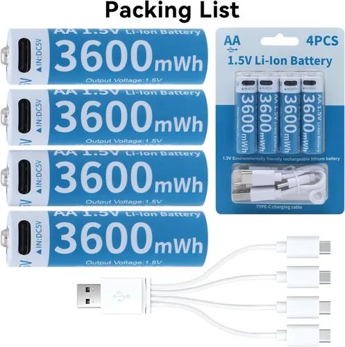 Miniatura 6 de Baterías de litio recargables AA, paquete de 4 baterías de iones de litio recargables USB-C de 1.5 V 3600 mWh con cargador USB a tipo C 4 en 1
