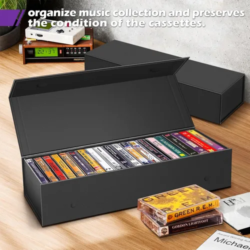 Miniatura 6 de Paquete de 3 cajas de almacenamiento de cinta de casete, soporte de cinta para almacenar 60 casetes, organizador de almacenamiento de medios