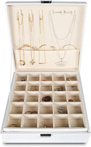 Miniatura 2 de Frebeauty Organizador de aretes, joyero clásico, 50 ranuras, estuche de almacenamiento de joyas de doble capa con 6 ganchos para collar y bolsillo