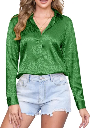 Miniatura 39 de CUNLIN Camisas de satén de seda suave con botones de leopardo para mujer, camisa de trabajo de manga larga de seda, blusas de vestir, tops