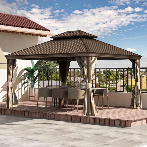 Miniatura 22 de Domi - Cenador de techo rígido de 8 x 8 pies con malla y cortinas, cenador para exteriores con techo doble de acero galvanizado para patio, césped