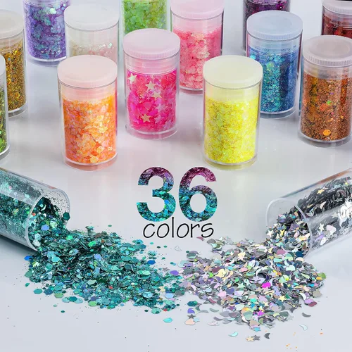 Miniatura 2 de Mezcla de purpurina gruesa y fina multicolor, 36 colores de lentejuelas gruesas y mezcla de polvo - Copos iridiscentes de purpurina cosmética