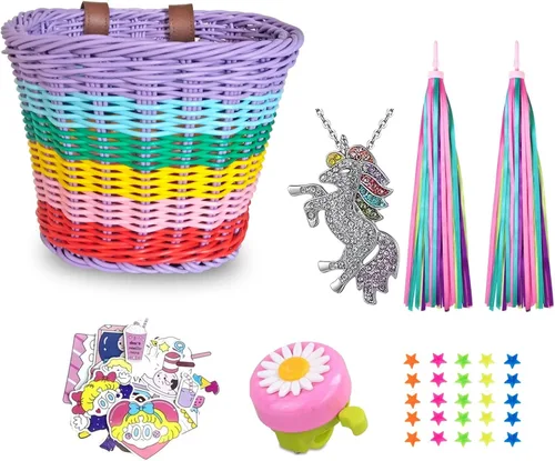Miniatura 12 de Cesta de bicicleta para niños, cesta de mimbre, cesta de bicicleta para manillar para niñas con collar de unicornio, campana de bicicleta