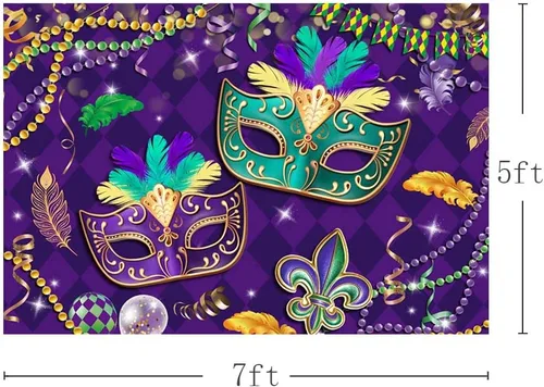 Miniatura 3 de MEHOFOND Telón de fondo de Mardi Gras de 7 x 5 pies, para baile de graduación, carnaval, fiesta, fotografía, fondo morado, verde, dorado, cuentas