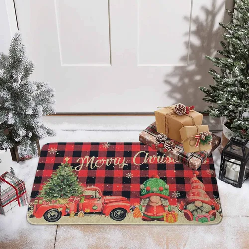 Miniatura 3 de Felpudo Rojo de Búfalo a Cuadros Feliz Navidad Felpudo Decorativo de Puerta de Navidad 30"x17", Felpudo de Gnomo de Navidad Temporada Felpudo