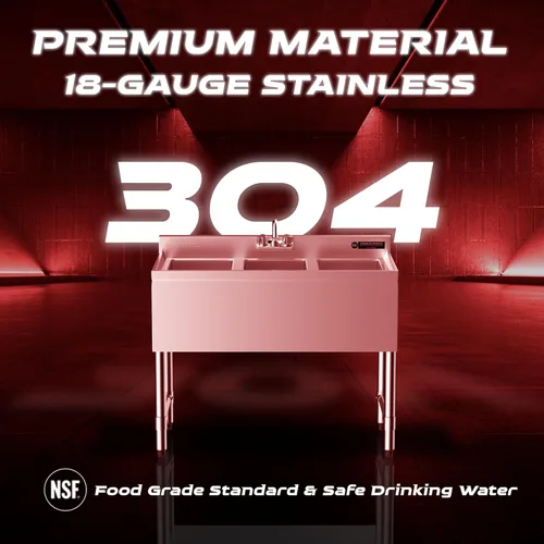 Miniatura 4 de DuraSteel Fregadero de cocina comercial de 3 compartimentos, fregadero de cocina comercial NSF de acero inoxidable triple de tres bahías con grifo