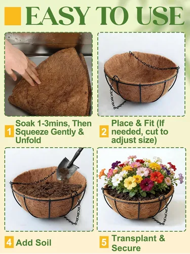 Miniatura 7 de ANPHSIN 4 forros de coco de 12 pulgadas para macetas colgantes, hechas de fibra de coco 100% natural, forro redondo grueso transpirable para porche