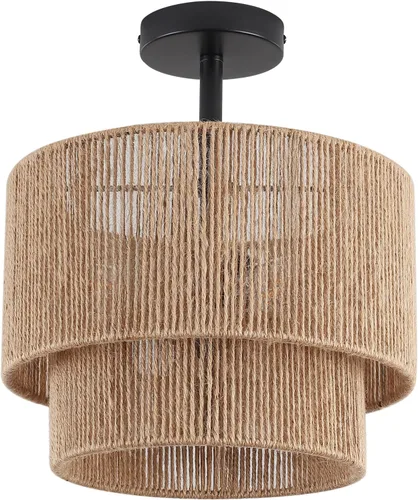 Miniatura 9 de 12.6" Boho Light Fixtures Ceiling Mount, Coastal Hemp Rope Semi Flush Mount Ceiling Light,3-Light Rustic Rattan Ceiling Light With 2-Tier Drum Shade