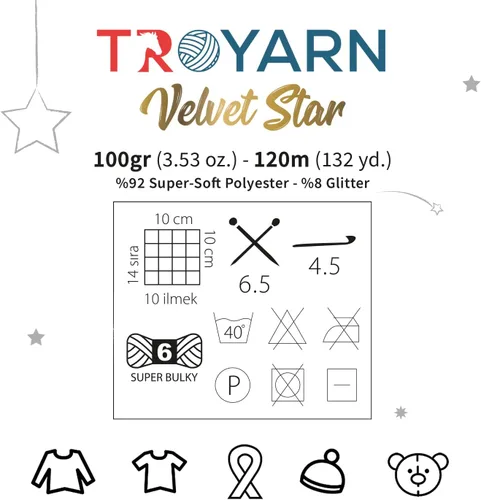 Miniatura 9 de Troyarn Velvet Star (Paquete de 3 Madejas) - Ovillo de felpilla con purpurina plateada para manta de bebé, hilo amigurumi, para ganchillo y tejer