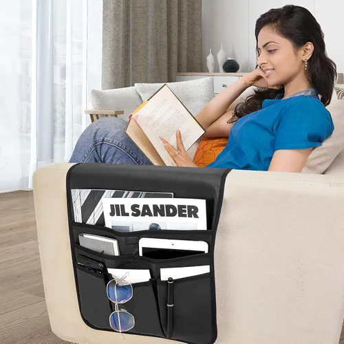 Miniatura 6 de Teniux Soporte para Control Remoto de Cuero Sintético Organizador de Reposabrazos con 6 Bolsillos para sillón reclinable sofá, Organizador de Sillón