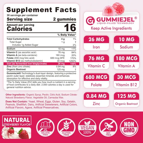 Miniatura 2 de Gomitas de hierro para mujeres y hombres, gomitas de bisglicinato de hierro de 26 mg, más vitamina C, folato, raíz de remolacha, B12 y zinc