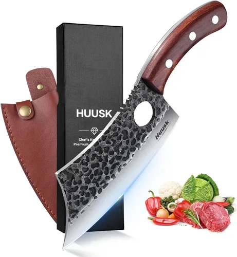 Miniatura 11 de Huusk Cuchillo de Carnicero Forjado a Mano - Cuchillo de Carnicero para Cortar Carne, Cuchillo Vikingo de Cocina Japonés con Funda, Cuchillos