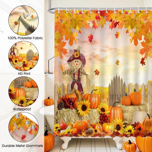 Miniatura 6 de Mocsicka Cortina de ducha de otoño, espantapájaros, calabaza, hojas lisas, girasol, linda cortina de ducha de otoño, cortina de baño de Acción