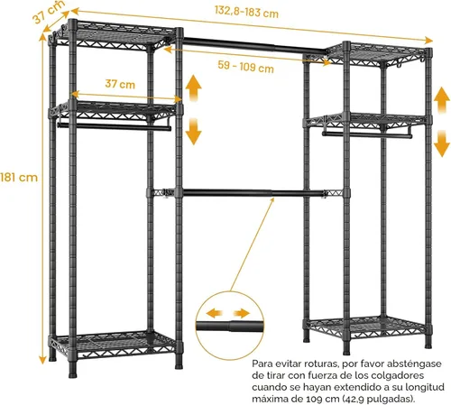 Miniatura 5 de Ulif E7 - Perchero para ropa, sistema de almacenamiento de ropa resistente con barras extensibles, perchero de metal con 6 estantes de alambre