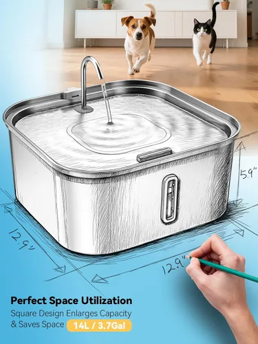 Miniatura 5 de Fuente de agua grande para perros de 14 litros/3.7 galones, fuente de acero inoxidable para perros grandes y múltiples mascotas, con ventana y área
