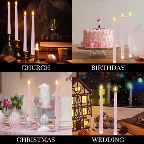 Miniatura 7 de Macarrie 24 Paquetes de Velas Cónicas Sin Llama Operadas por Batería Falsas de 11 Pulgadas de Largo Luz de Vela LED Sin Llama Candelabros Rosa