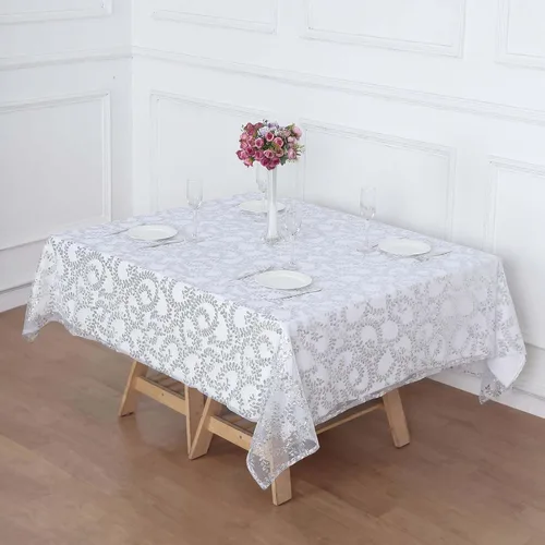 Efavormart - Superposición de mesa de tul bordado de hojas de lentejuelas plateadas de 72 x 72 pulgadas, mantel cuadrado transparente Plateado