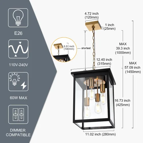 Miniatura 54 de TODOLUZ Lámpara Colgante de Exterior de 3 Luces Negra, Linterna Colgante Exterior Ajustable Luz de Porche