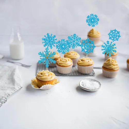 Miniatura 5 de 24 piezas de adornos para cupcakes de copo de nieve, copo de nieve azul con purpurina, adornos para cupcakes de invierno, adornos para pasteles