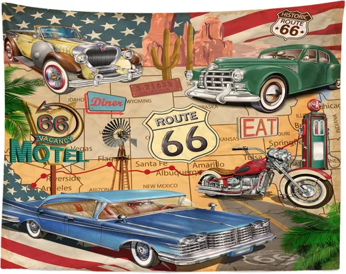 Miniatura 5 de BELECO Telón de fondo de tela de 7 x 5 pies con temática de Ruta 66 con temática de cómic, mapa de ruta retro, motel, motocicleta, autos clásicos