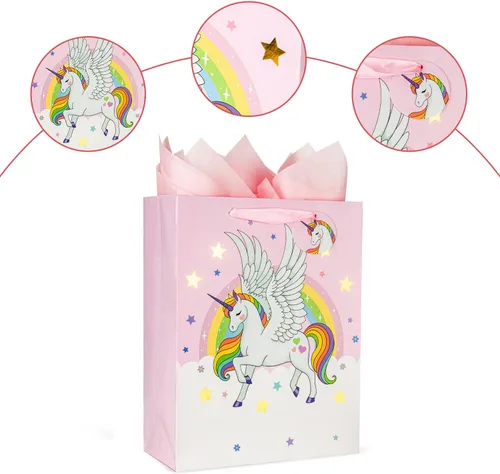 Miniatura 3 de Laidans Bolsa de regalo de unicornios grandes de 13 pulgadas para niñas y niños, baby shower con papel de seda, paquete de 1