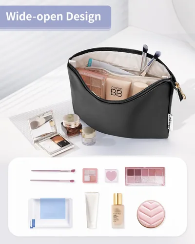 Miniatura 2 de Narwey Bolsa de Maquillaje Grande para Bolso de Cuero Vegano de Viaje Bolsa de Cosméticos con Cremallera para Mujeres, A-Negro