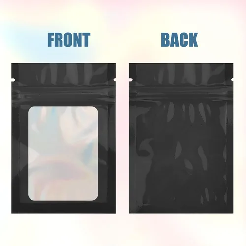 Miniatura 3 de 50 bolsas de Mylar negras de 2.7 x 3.9 pulgadas con ventana transparente, bolsa holográfica resellable para almacenamiento de alimentos, joyas