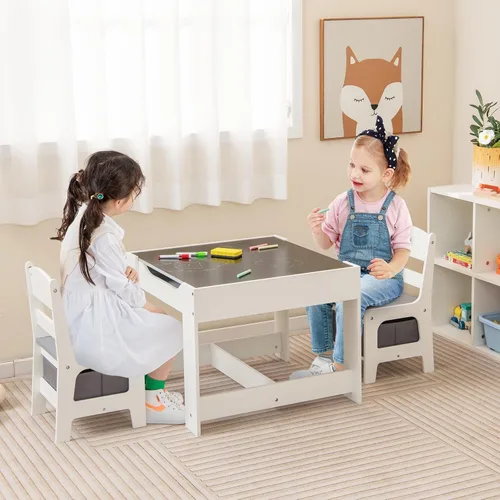 Miniatura 2 de HONEY JOY Mesa y sillas para niños, juego de actividades de madera 3 en 1 con almacenamiento, mesa desmontable, para arte, manualidades, dibujo, Gris